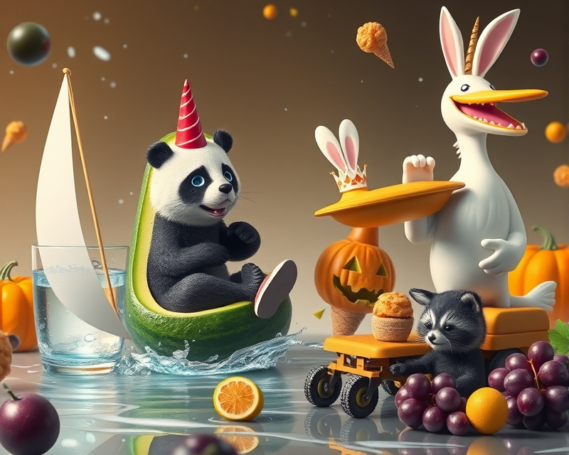 avocado, panda, unicorn, cucumber, sailboat, fried chicken, pumpkin, top hat, water, cone, ice skate, raccoon, lawn mower, pelican, crown, grape, bunny, olive, shark